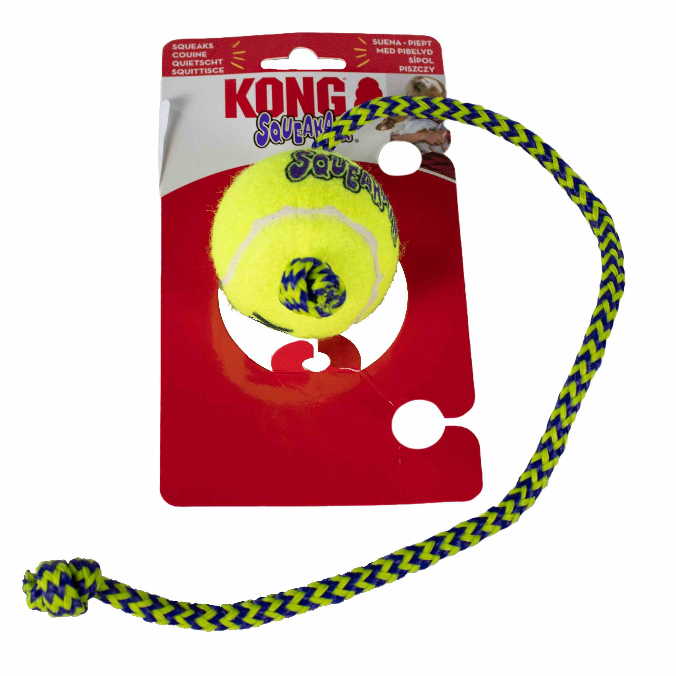 Hunde Spielzeug | Ball | Air Squeaker Tennisball M | mit Tau | Länge:520 mm | Durchmesser:6,35 cm