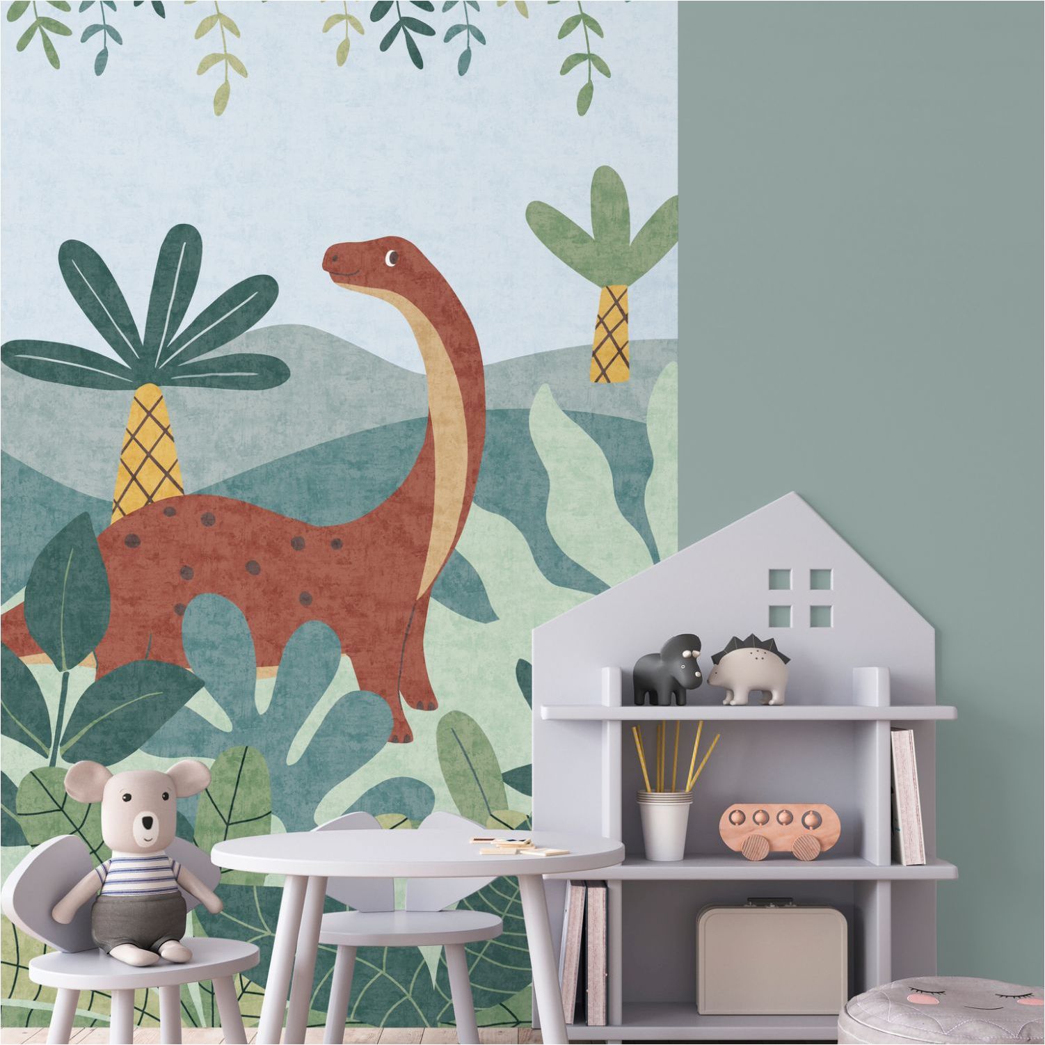 Fotomural para habitación infantil 770621 Motivos estampados azules y coloridos de dinosaurios Lilly & Luis A.S. Création
