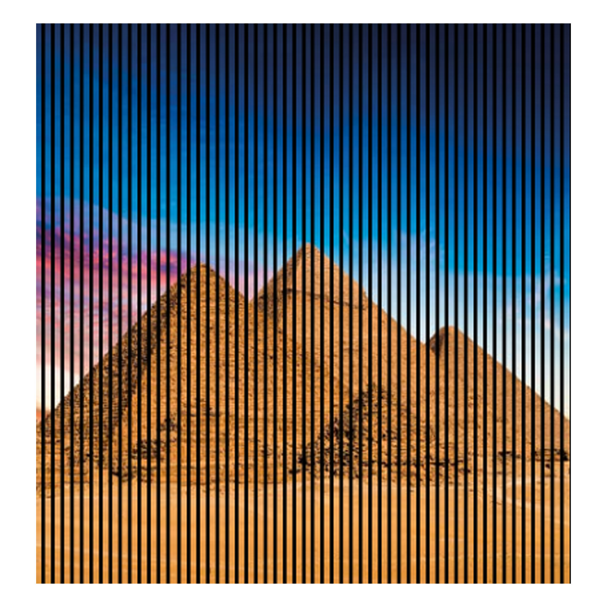 Paneles acústicos con impresión digital de pirámides y paisajes, paneles murales en azul y marrón, disponibles en varios tamaños.