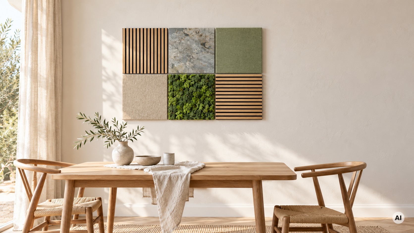 Gestaltungsidee für einen Essplatz mit einem Raster aus Holz-, Stein-, Filz- und grünen Wandmodulen
