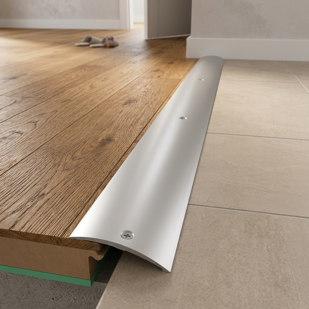 Metallprofile Topseller: links robustes Übergangsprofil in Gold-Optik für Bodenbeläge, rechts modernes Aluminiumprofil als stilvoller Übergang zwischen Teppich und Vinylboden