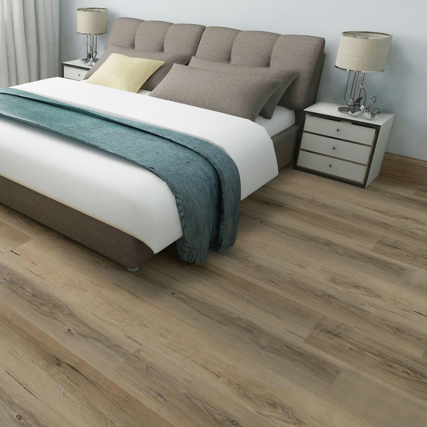 Suelo vinílico adhesivo con aspecto de madera, color marrón roble, modelo 2404E Heinrich, 1227 x 187 x 2 mm.
