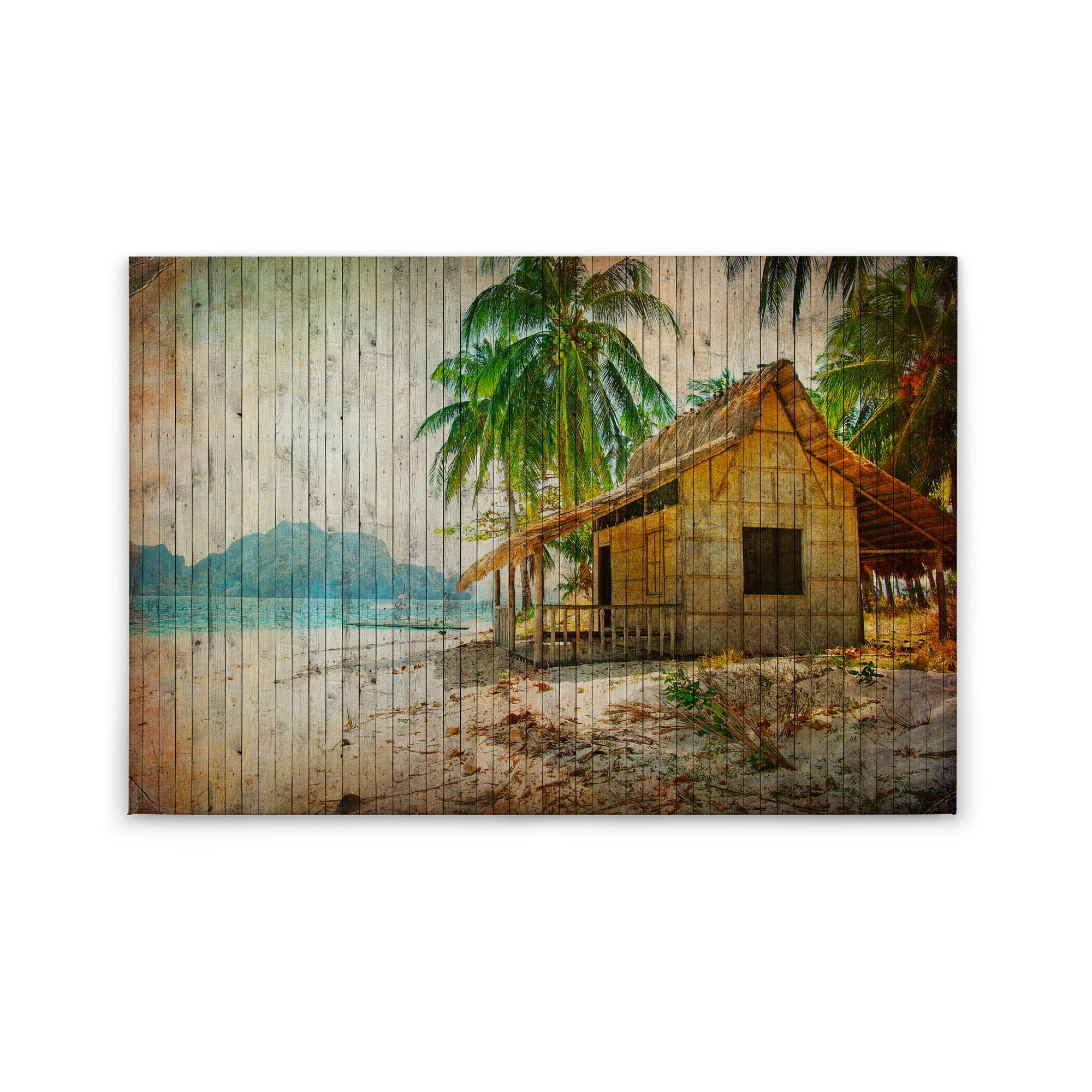 Tadessi Leinwandbild Meer Strandhütte - 60 x 90 cm - M1-No.50201 - Keilrahmen in Braun Beige