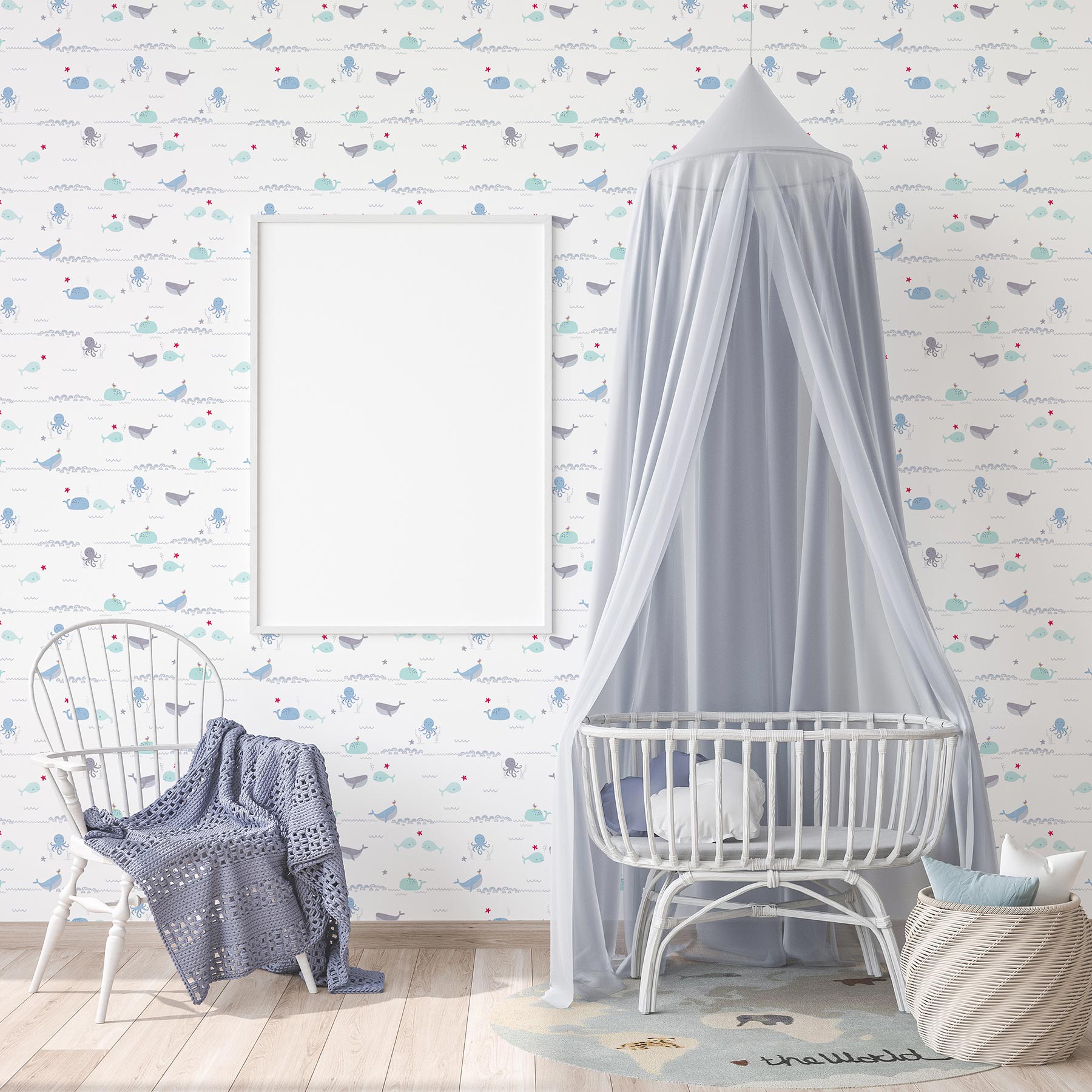 Tapete Kinderzimmer M1-No.742 Vliestapete Blau Grau Tapete mit Tieren Meeresbewohner