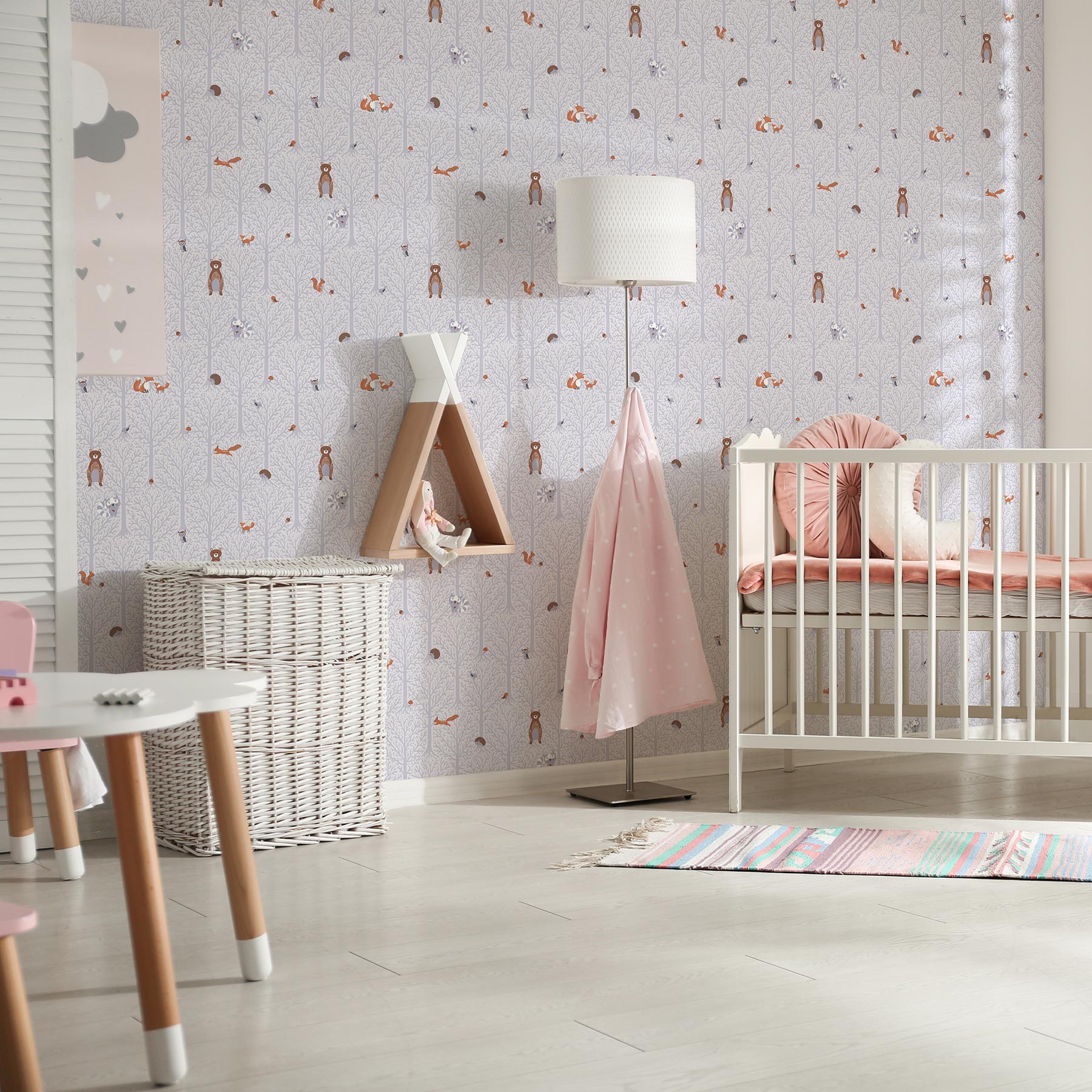 Tapete Kinderzimmer M1-No.724 Vliestapete Grau Weiß Waldtapete Tiere