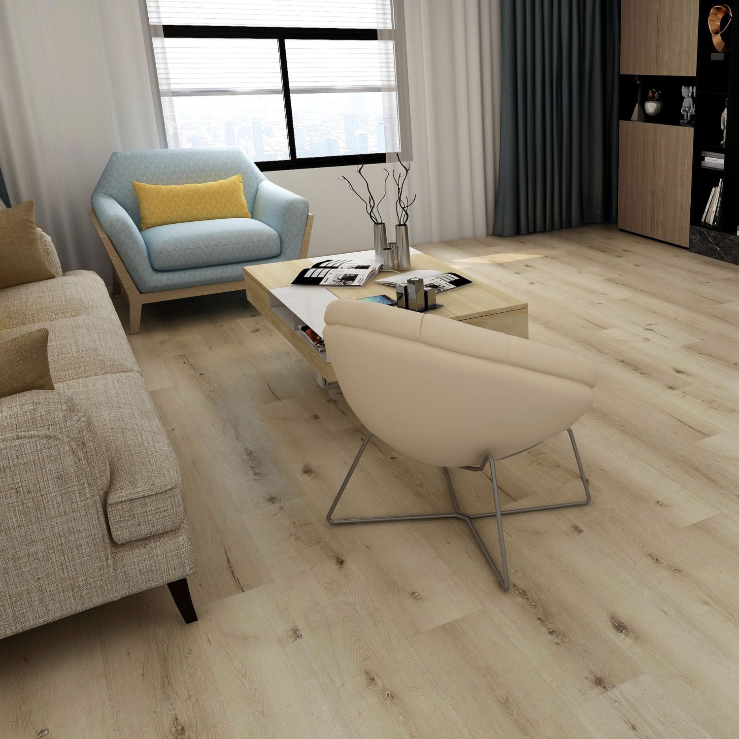 Suelo vinílico adhesivo Hellweg 2045E (1219 x 229 x 2,5 mm), imitación madera, color marrón roble claro.