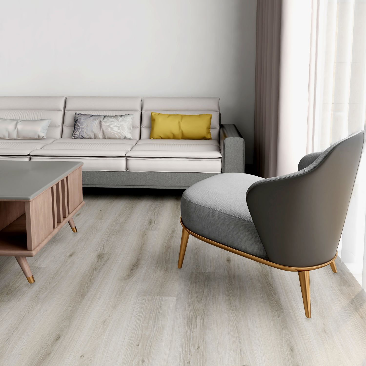 Suelo vinílico adhesivo con aspecto de madera, modelo 2048E Anna, 1219 x 229 x 2,5 mm, imitación roble gris.