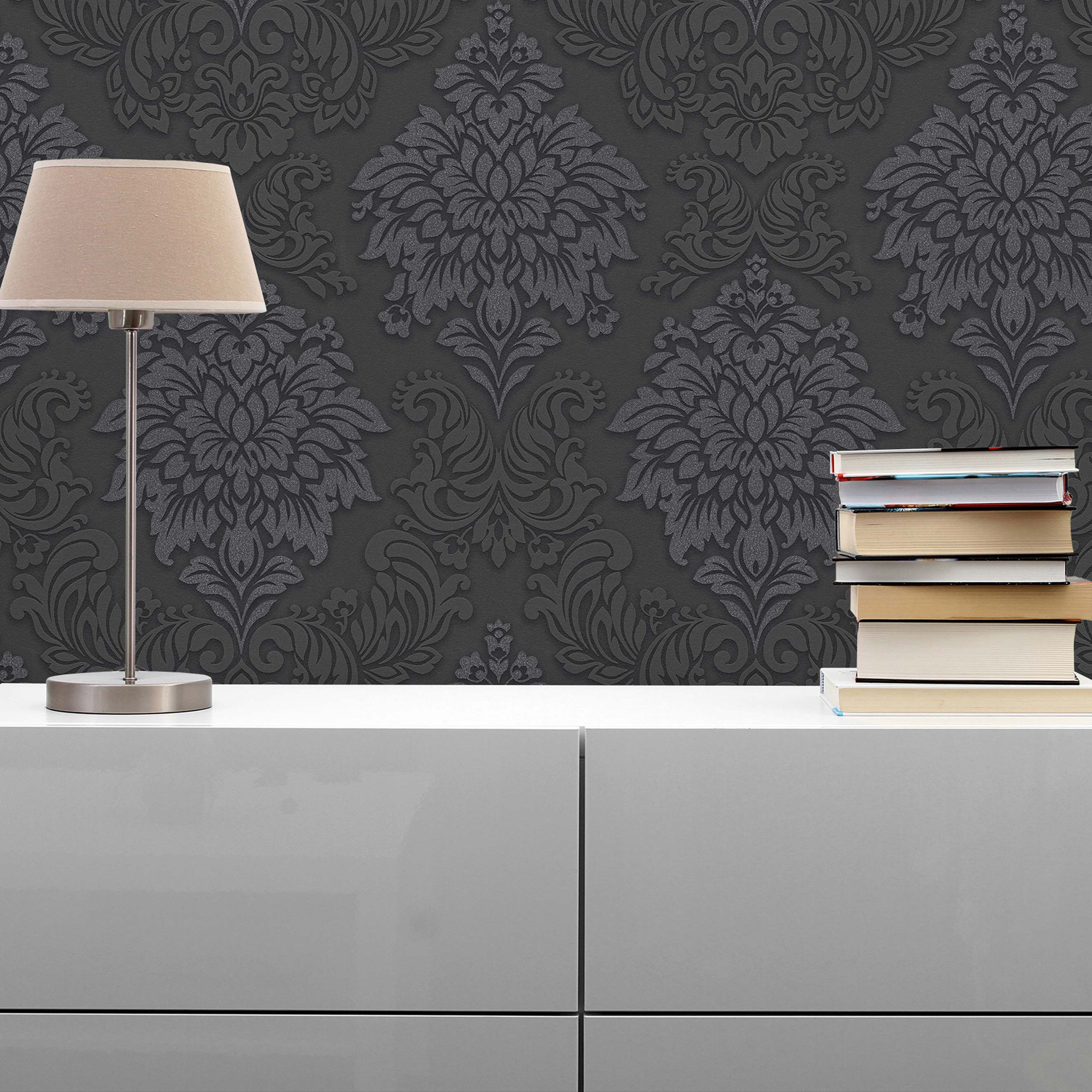 Tapete Barock Gioele M1-No.258 Vliestapete Schwarz Silber Tapete mit Ornamenten