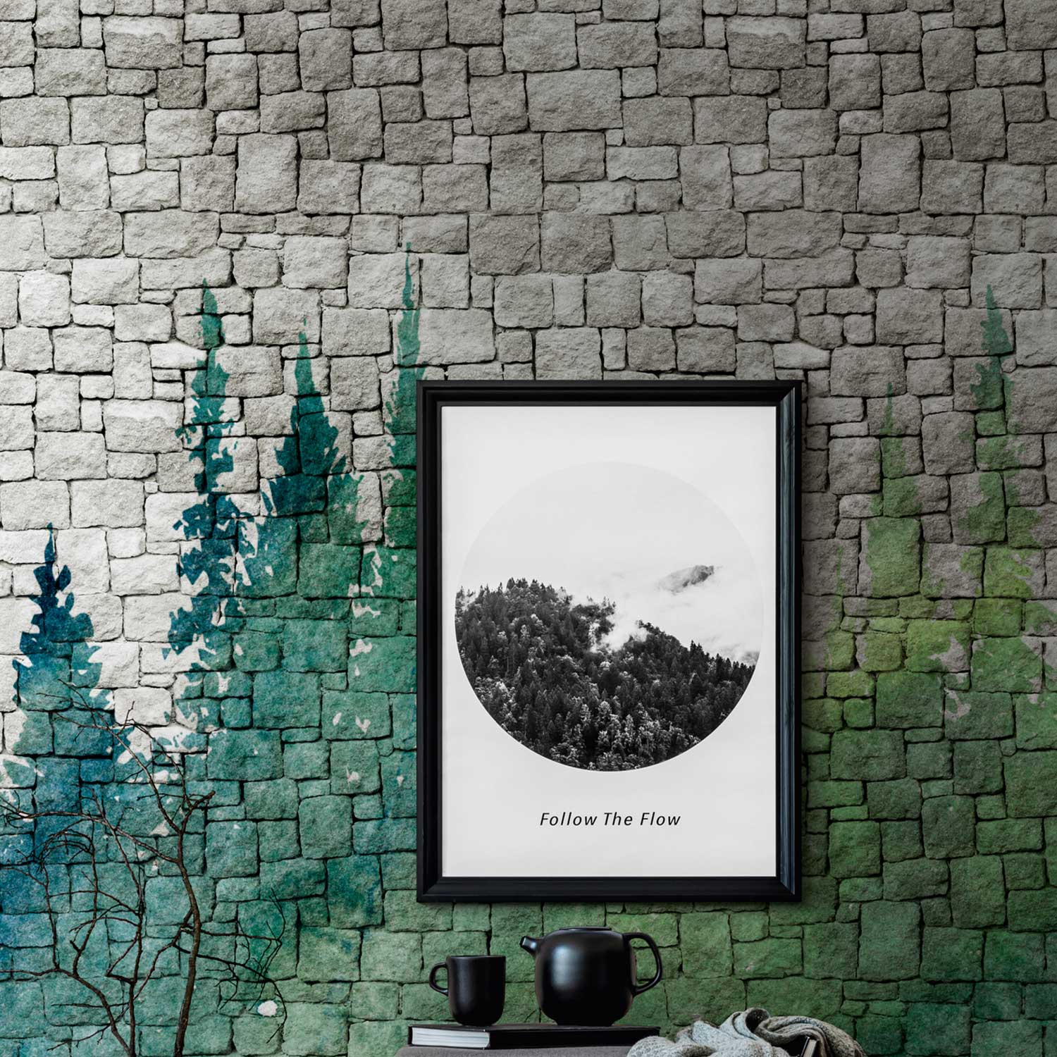 Tadessi Fototapete Steinoptik M1-No.10277 Digitaldruck Tapete Grün Grau - Wald Urban Loft