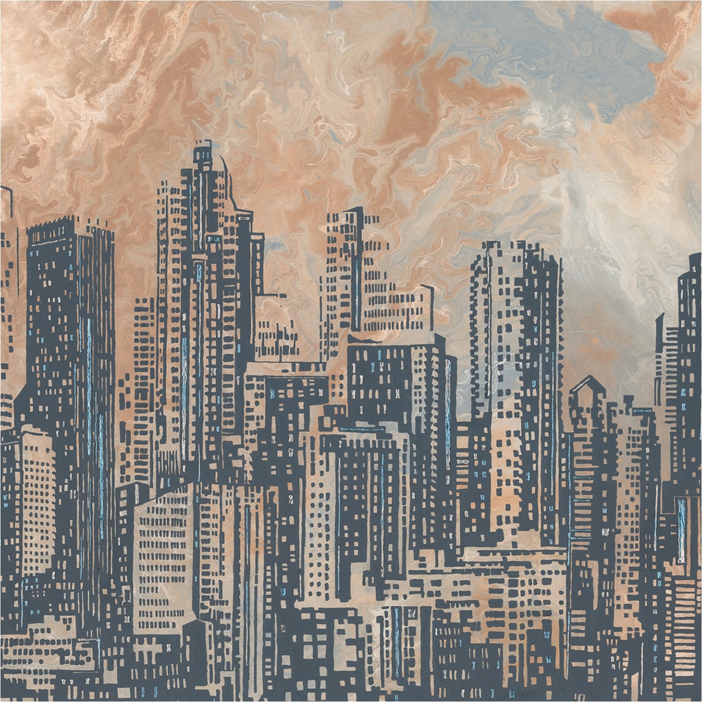 Fototapete Skyline M1-No.11682 | Vliestapete Gebäude | Orange | Grau | Wohnzimmer | Schlafzimmer