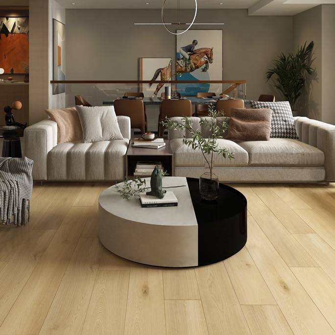 Suelo vinílico Check One 2472 Morbach 1220 x 228 x 5 mm con sistema clic, aspecto madera, roble marrón claro