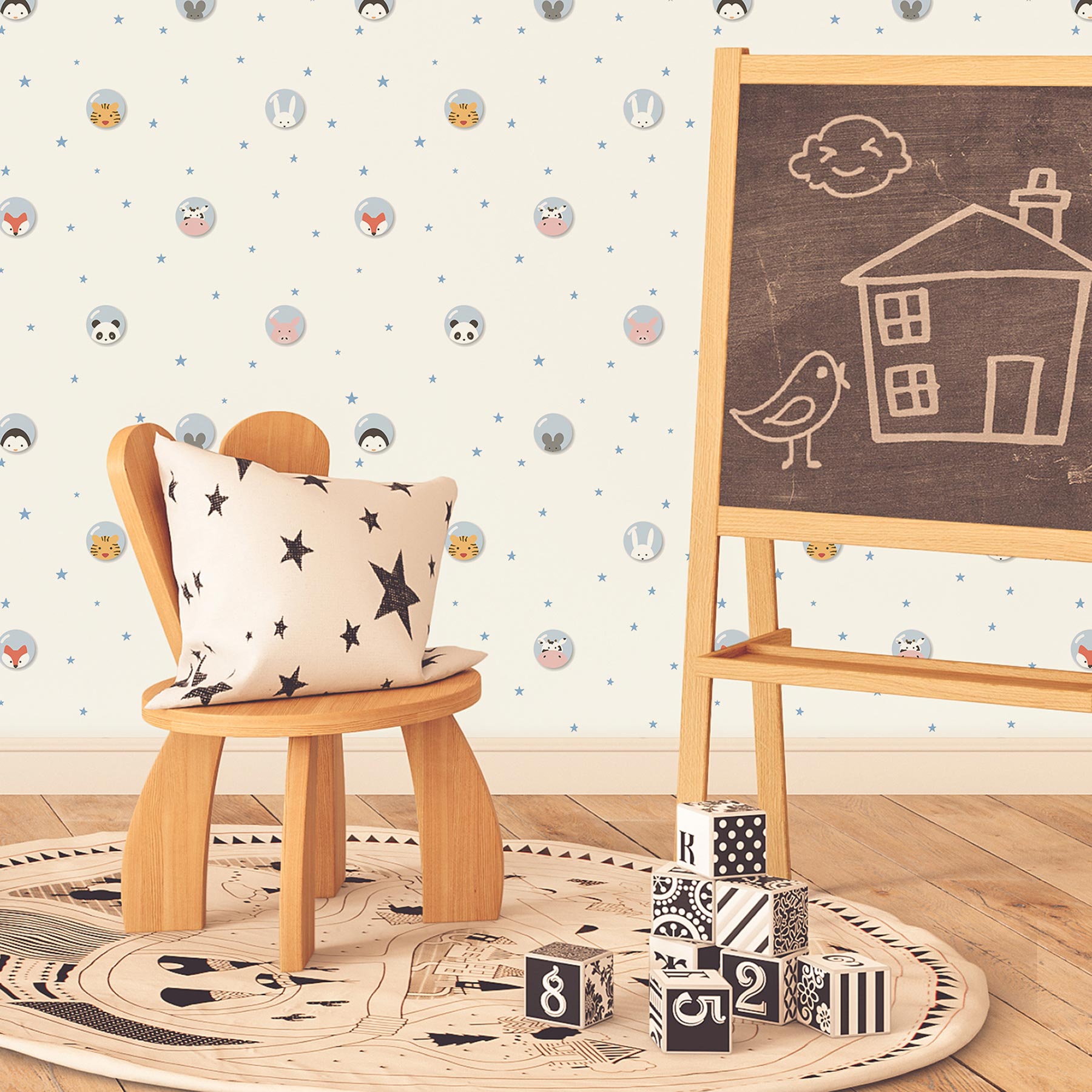 Tapete Kinderzimmer M1-No.762 Vliestapete Blau Weiß Tapete mit Tieren