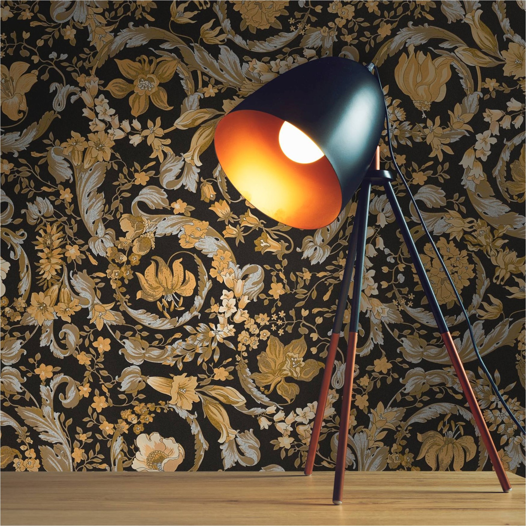 Tapete Versace Floral M1-No.11547 | Vliestapete Design | Gold | Schwarz | Floral | Ranken | Luxus