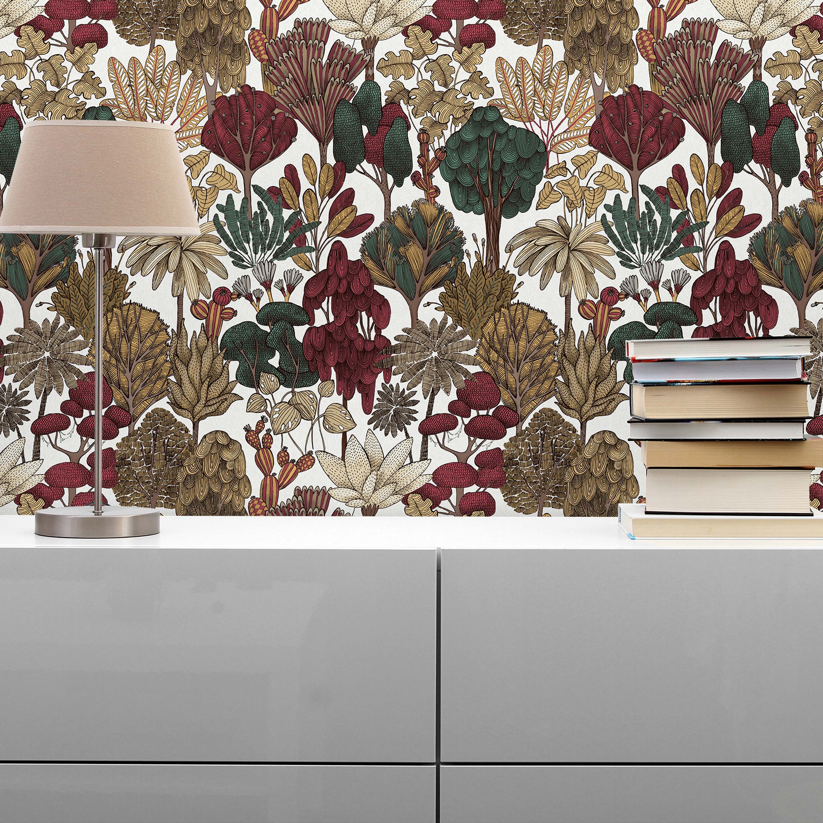 Tapete Wald und Blätter Camilla M1-No.570 Vliestapete Rot Beige Dschungeltapete