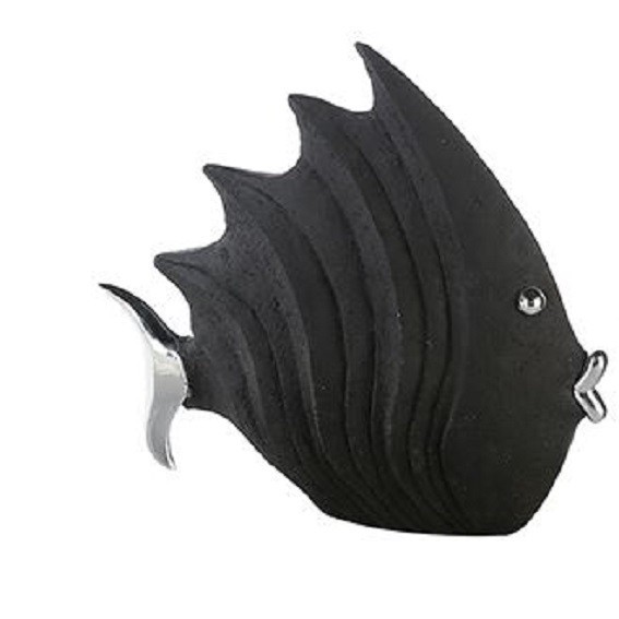 Design-Skulptur Fisch klein  schwarz Steinoptik mit silbernen Augen Mund und Flosse | 2er Set