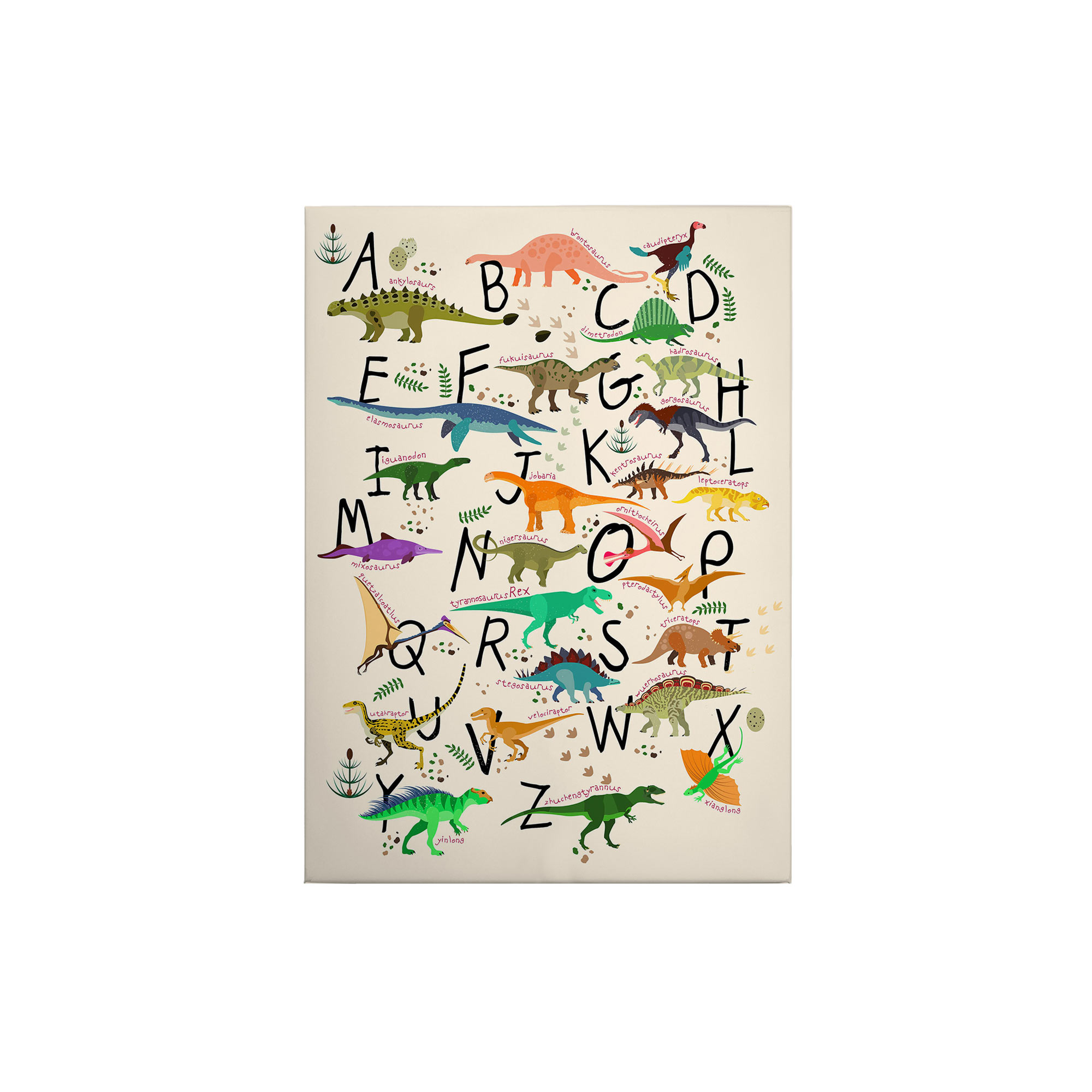 Tadessi Leinwandbild Alphabet Dinosaurier - 70 x 50 cm - M1-No.50440 - Keilrahmen in Grün Orange