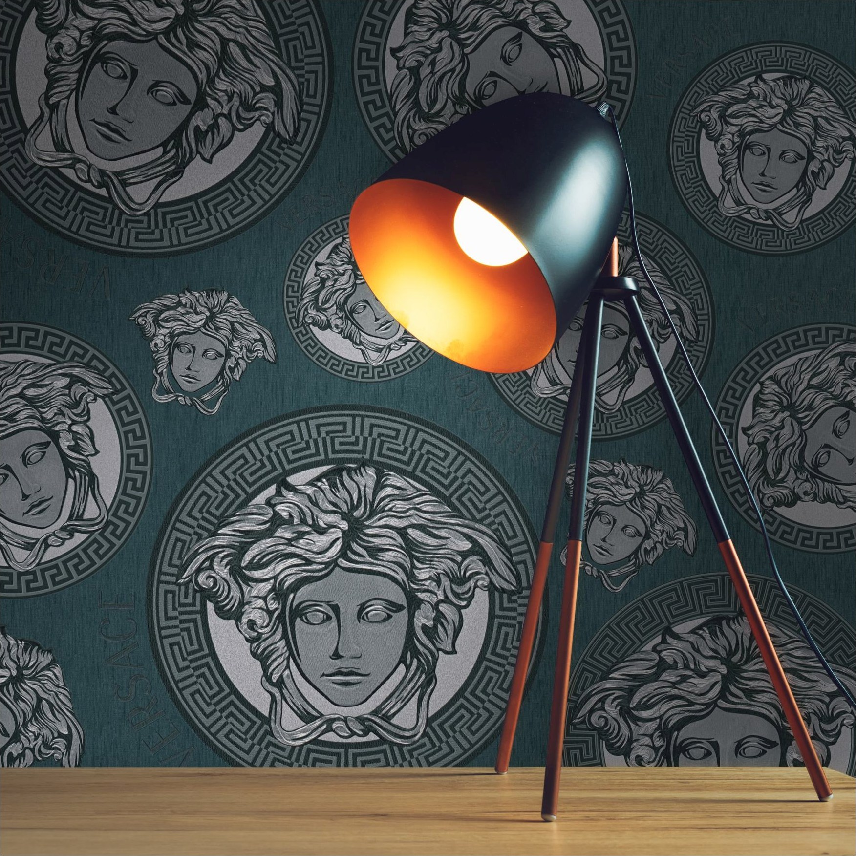 Tapete Versace Luxus-Optik M1-No.11519 | Vliestapete Design | Petrol | Silber | Medusa | Schriftzug