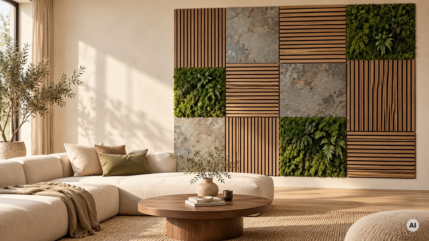 Wohnidee mit modularer Wandgestaltung aus Holzlamellen, Stein und grünen Elementen hinter einem hellen Sofa