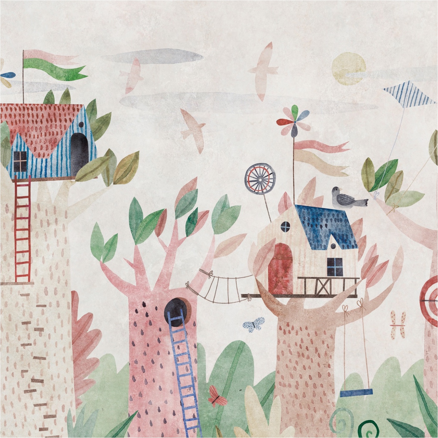 Fototapete Waldtapete M1-No.11786 | Vliestapete Baumhaus | Bunt | Beige | Kinderzimmer | Wohnzimmer