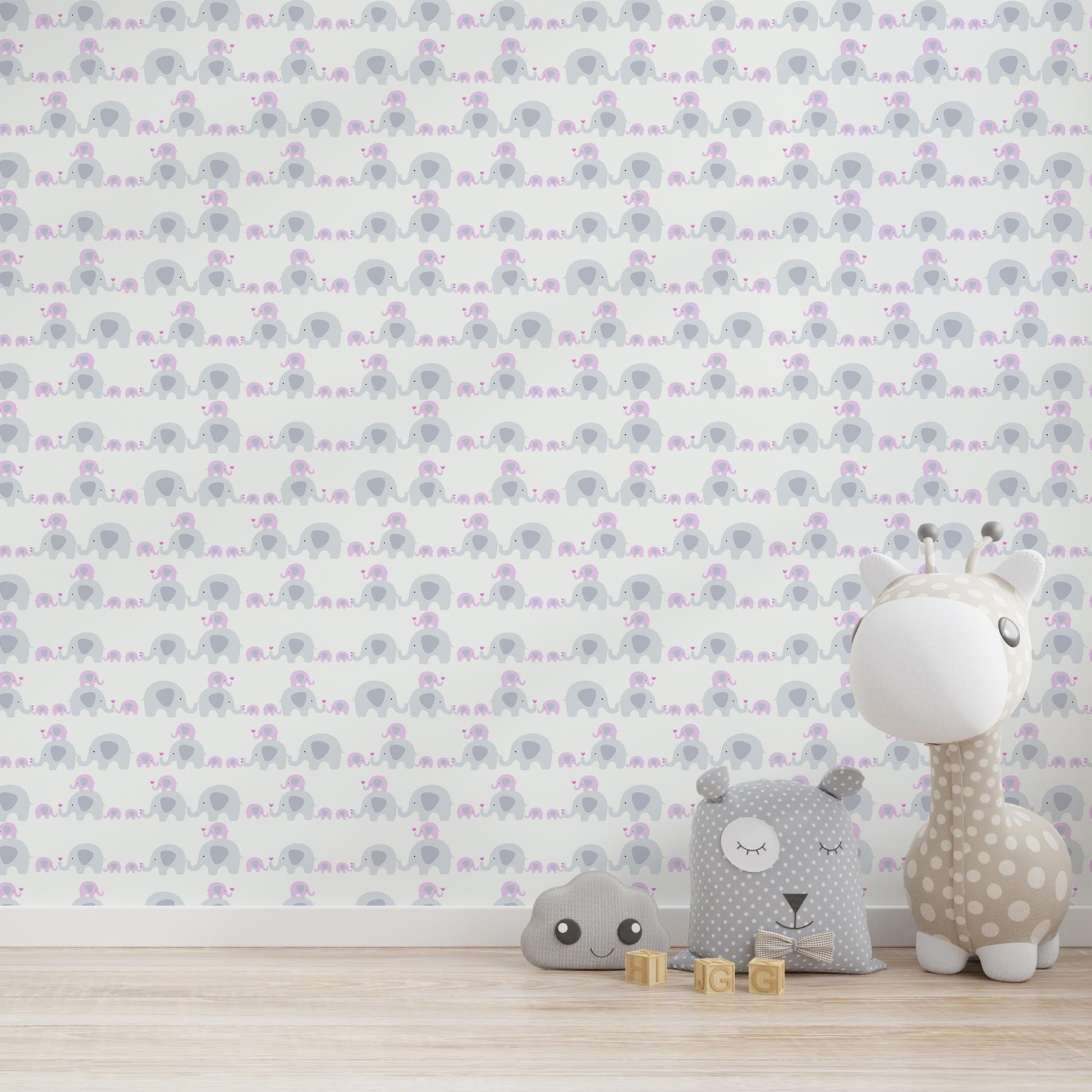 Tapete Kinderzimmer M1-No.715 | Vliestapete | Rosa | Grau | Tapete mit Tieren