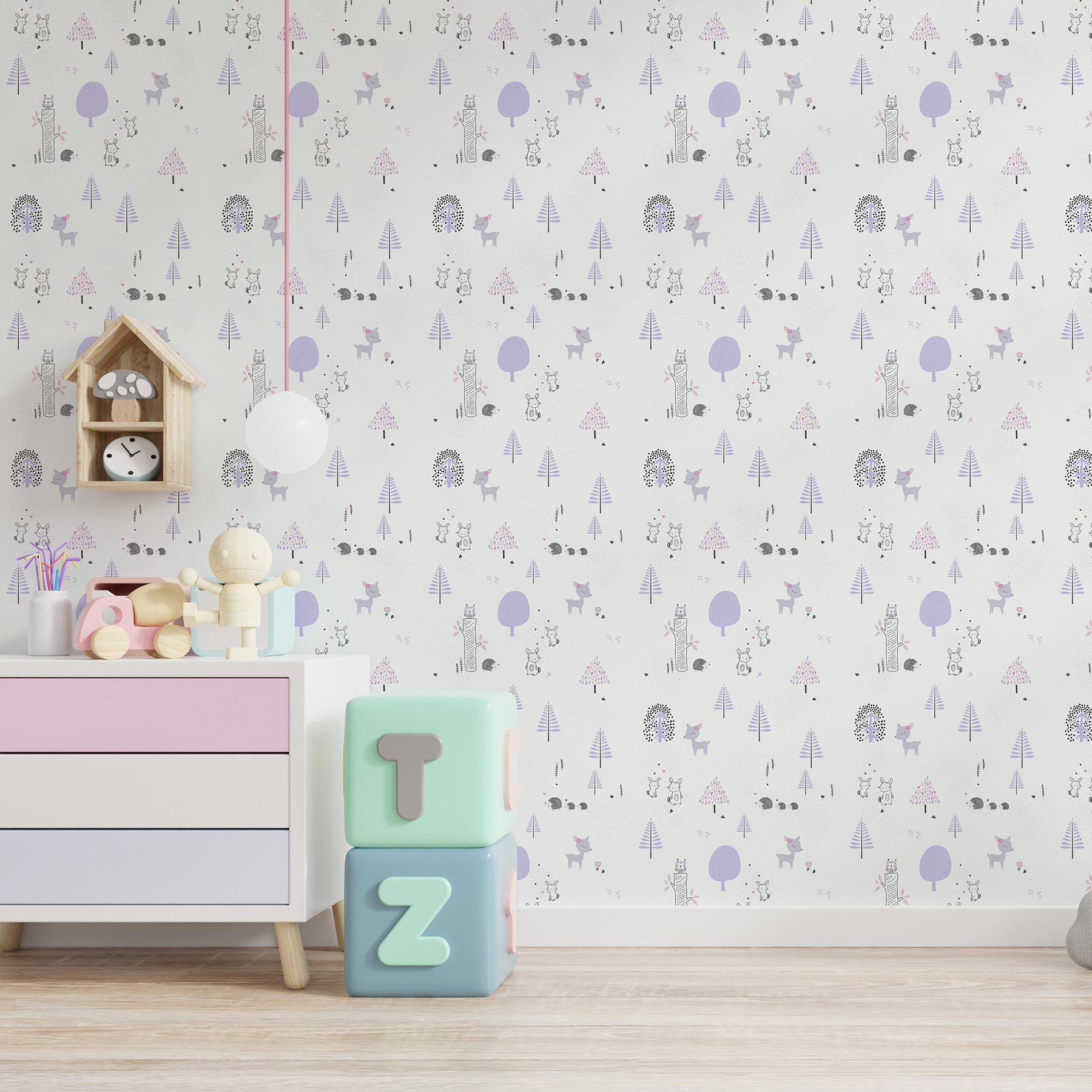 Tapete Kinderzimmer M1-No.722 Vliestapete Lila Weiß Tapete mit Tieren