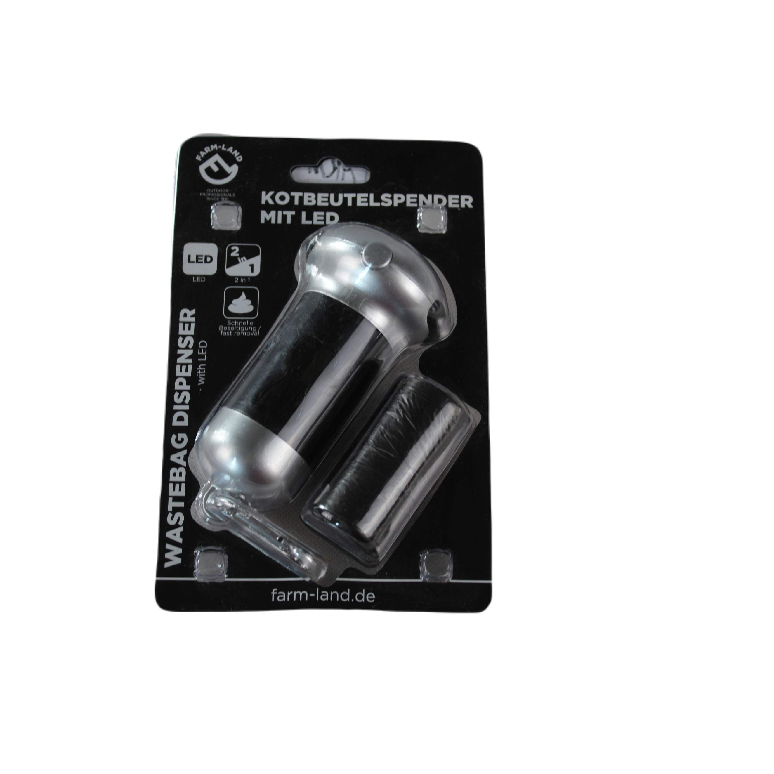 Farm-Land | Kotbeutelspender | Schwarz Silber | inkl. 20 Kotbeutel | mit LED Lampe | Kotbeuteltasche