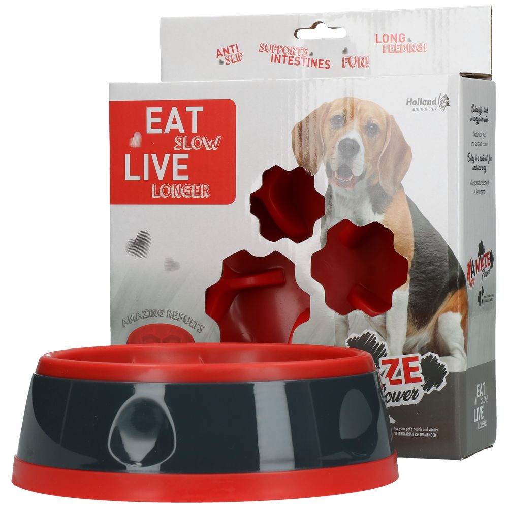 Eat Slow Live Longer | Hundenapf | Original | Anti Schling | Rot | 6.5 x 19 x 23 cm | Rutschfest