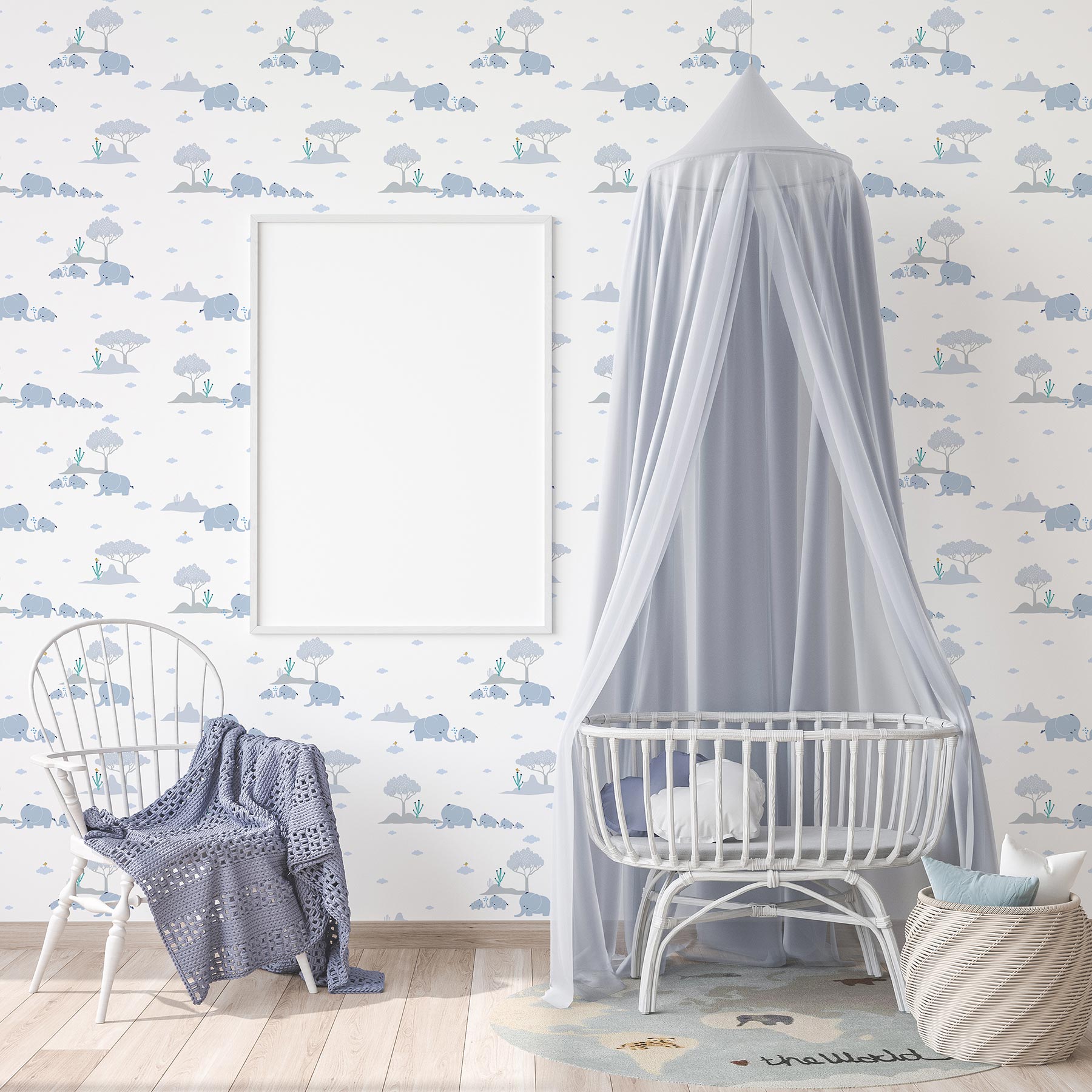 Tapete Kinderzimmer M1-No.739 Vliestapete Blau Grau Tapete mit Tieren Elefant