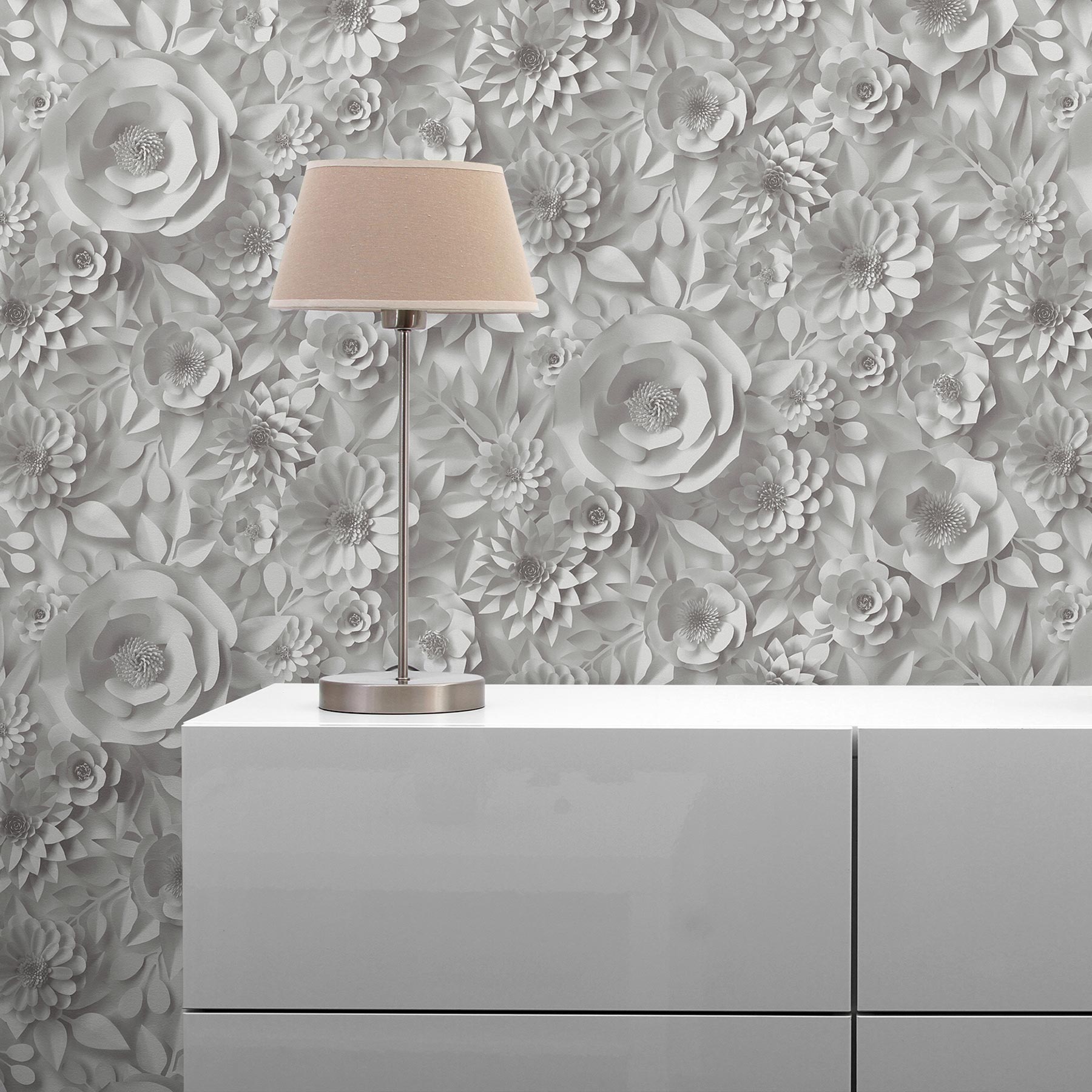 Tapete 3D Optik Tommaso M1-No.3549 Vliestapete Grau Weiß Blumen Floral Natur